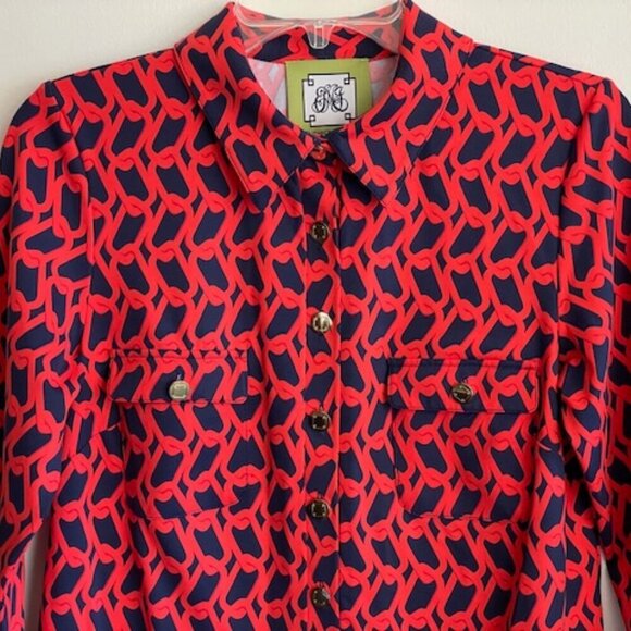 ELIZABETH MCKAY Chain Link Red Blue Pull Over Button Elbow Sleeve Top M - Picture 8 of 17